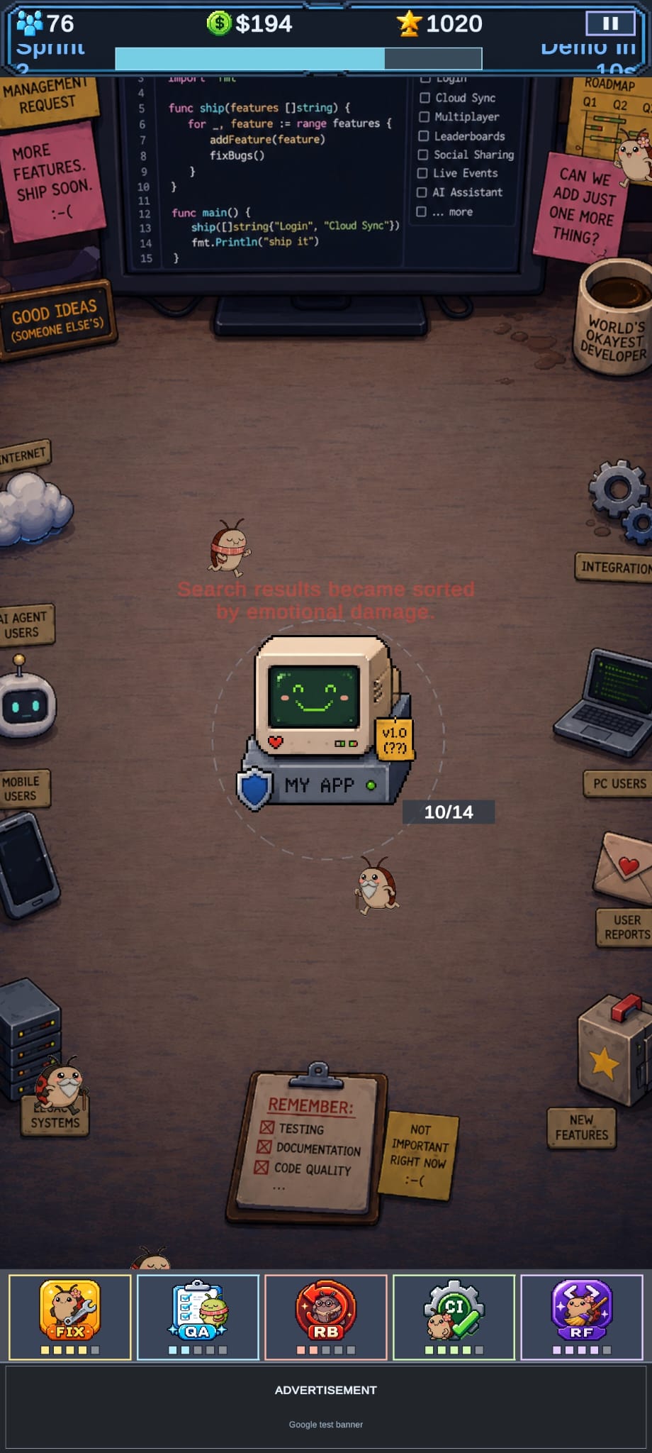 Feature Creep gameplay with app status, bugs, users, and tools around the board