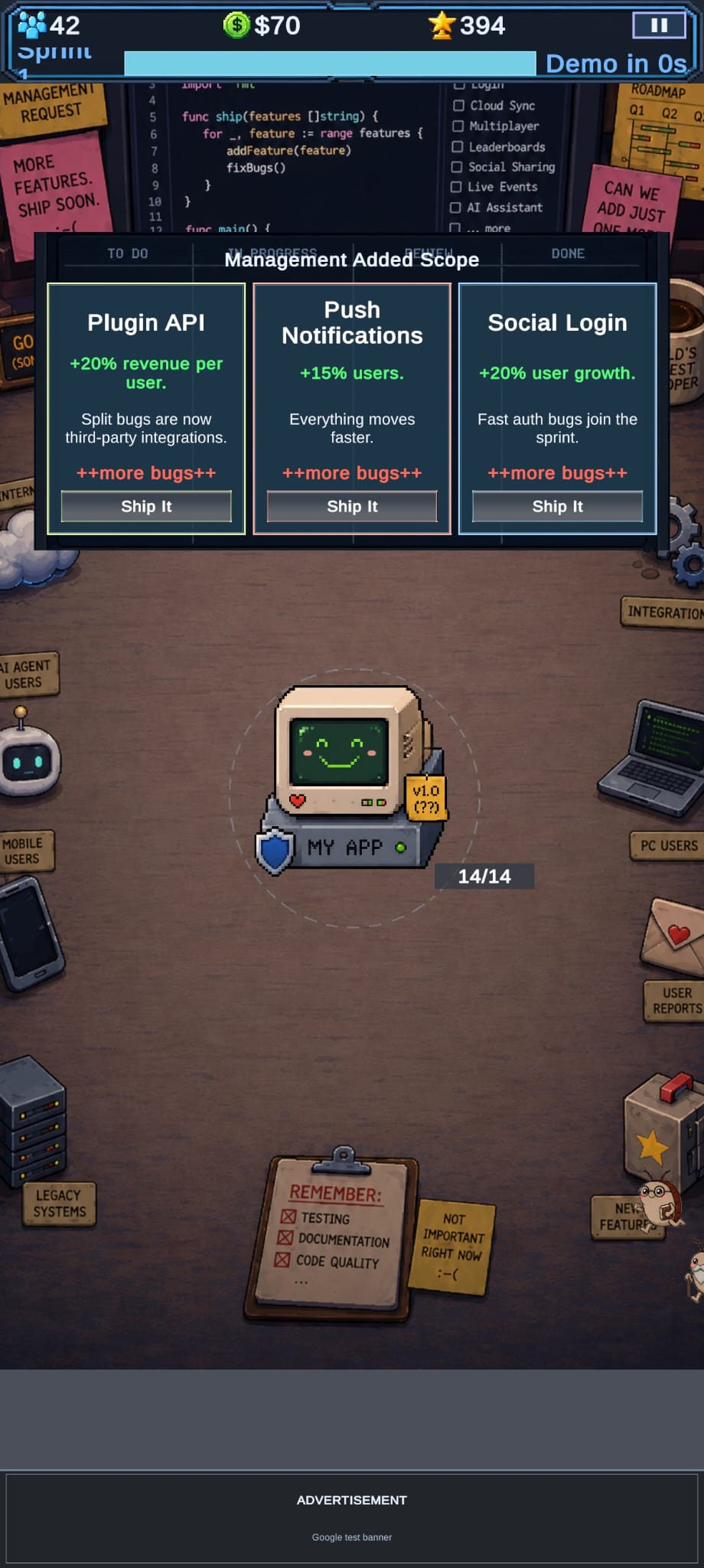 Feature Creep feature selection screen showing tradeoffs between revenue, users, and bugs