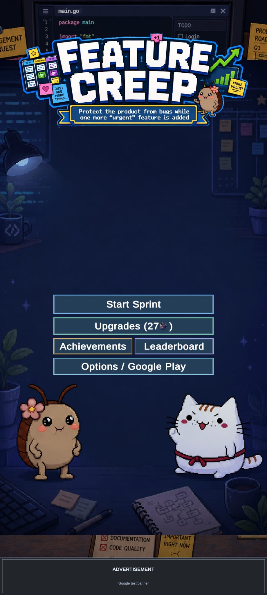 Feature Creep main menu with pixel-art characters and software project options