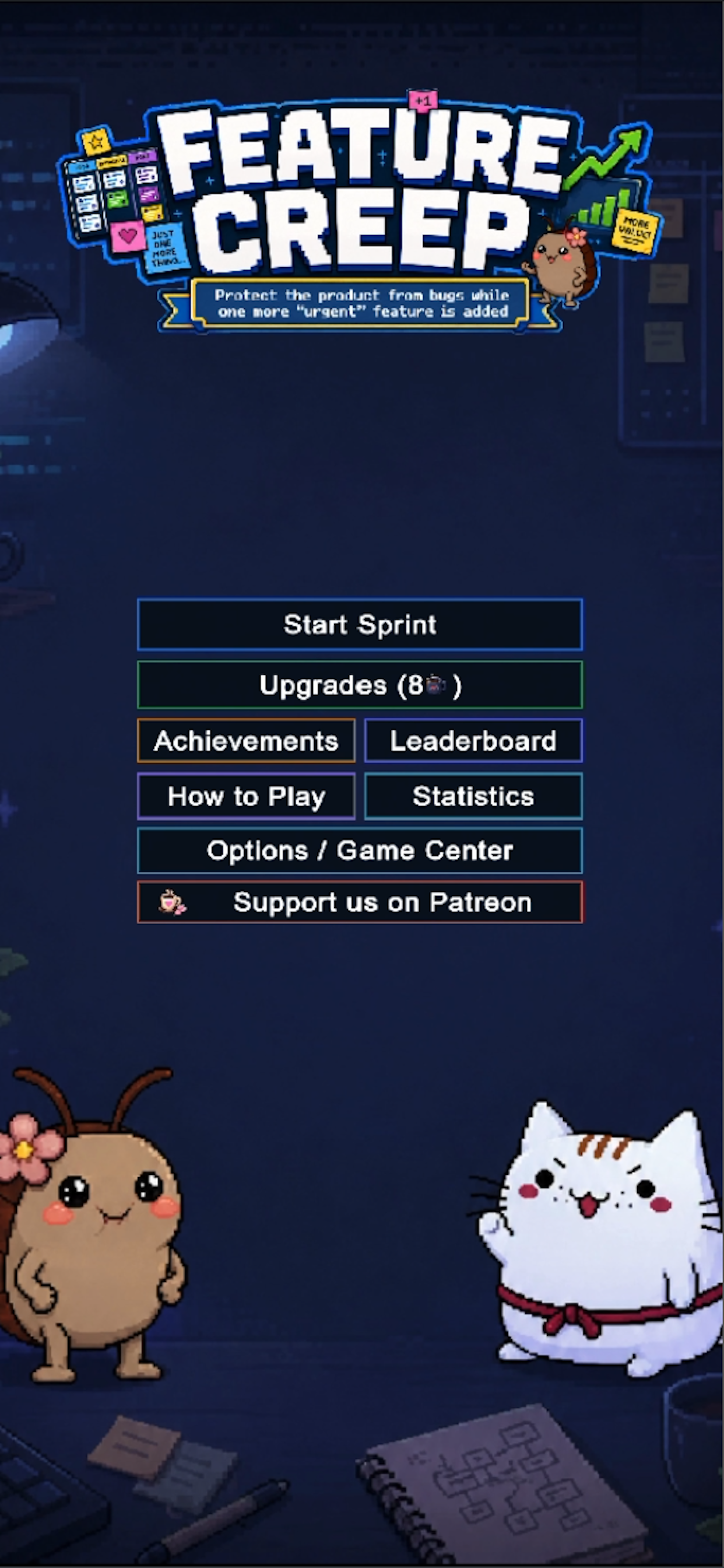 Feature Creep main menu with Start Sprint, upgrades, achievements, and support options