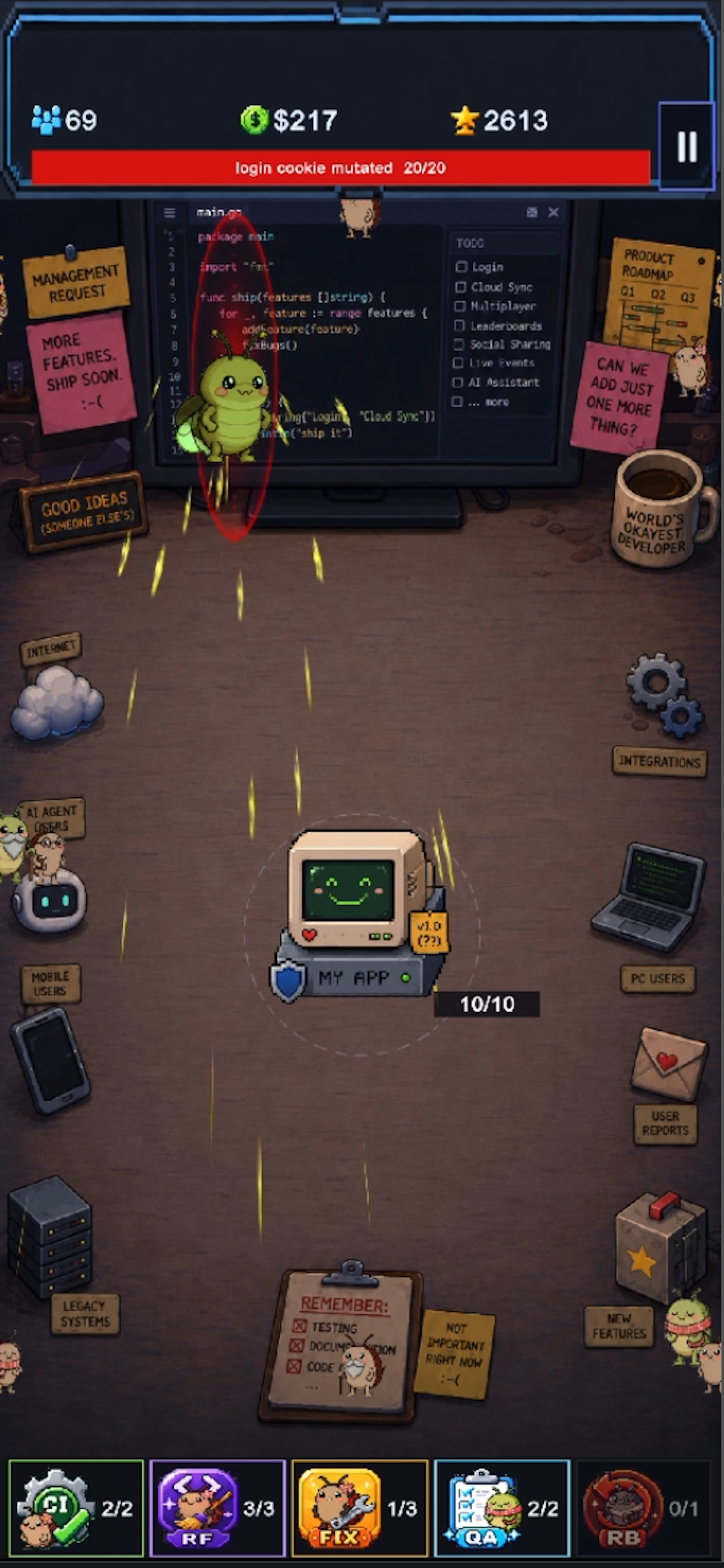Feature Creep gameplay with users, revenue, bugs, and bug characters attacking the product